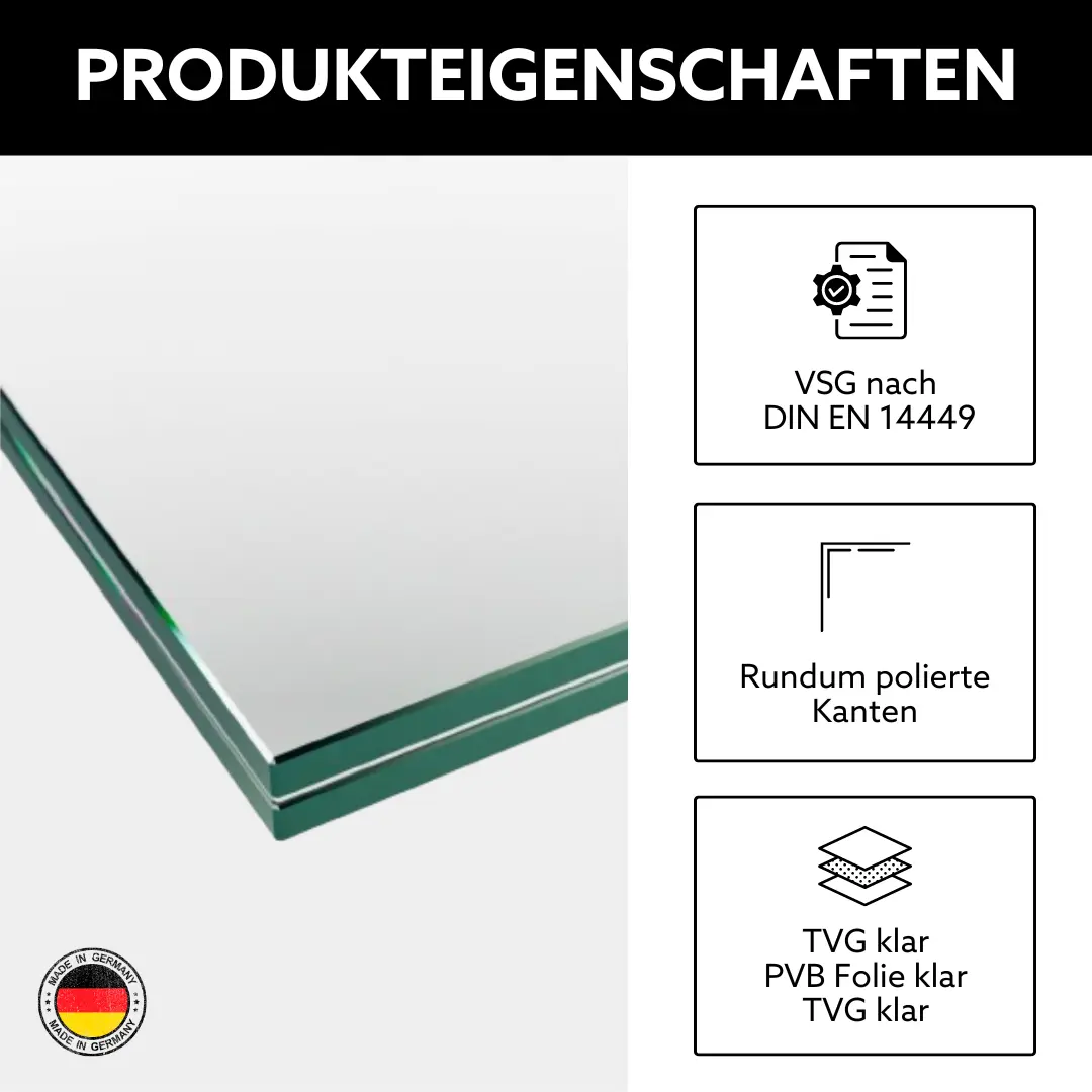 Produkteigenschaften VSG aus TVG Klar mit klarer Folie