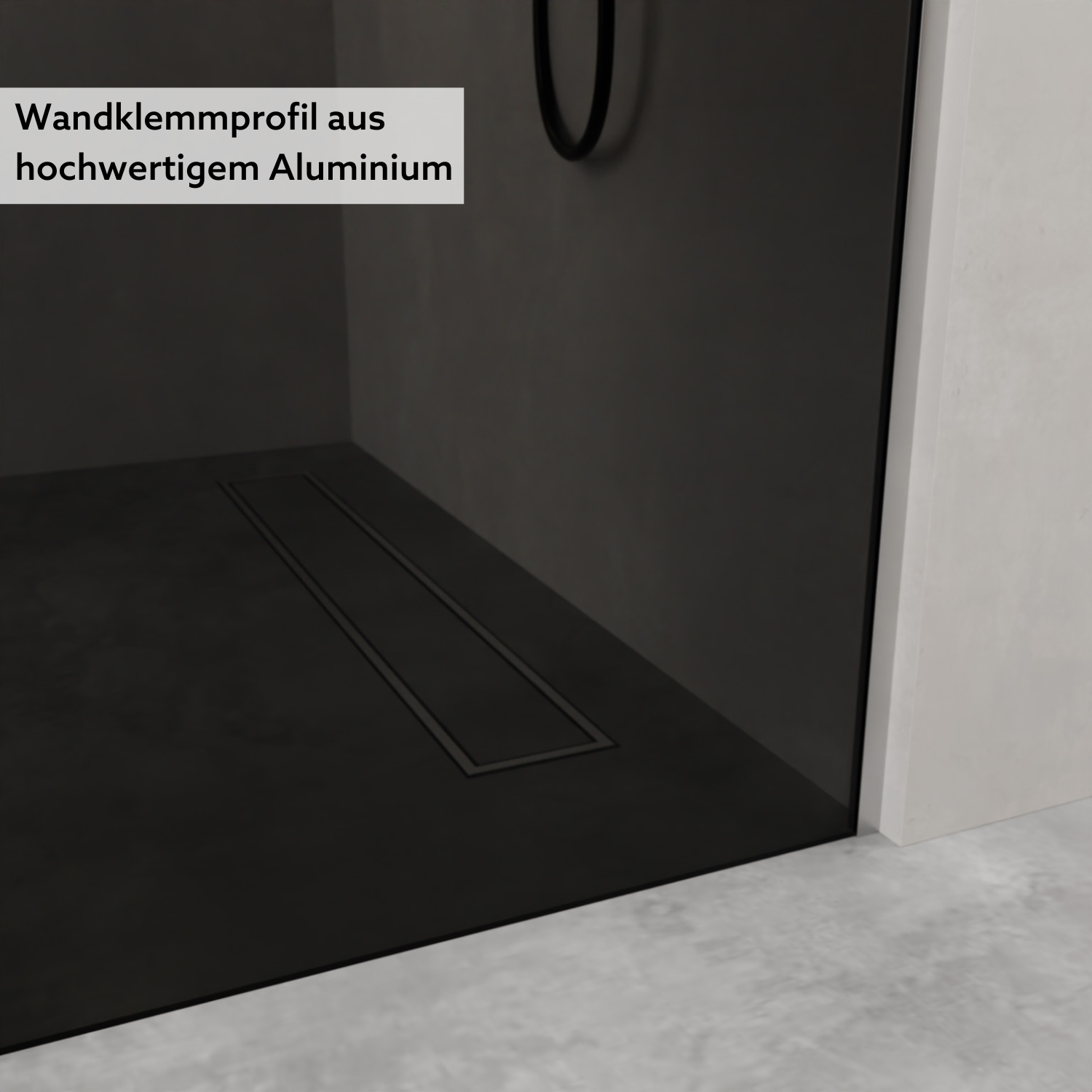 Nahaufnahme Duschabtrennung dark grey mit edelstahlfarbenen Profil