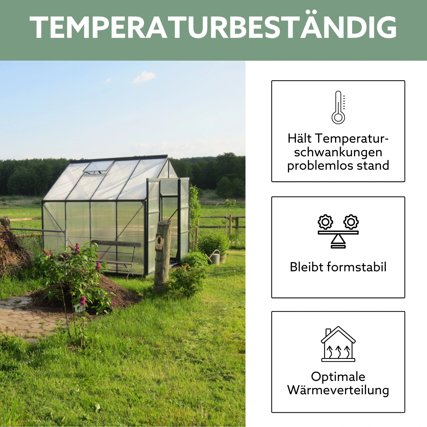 Gewächshaus mit Glaselementen aus Strukturglas auf Wiese mit Sonne