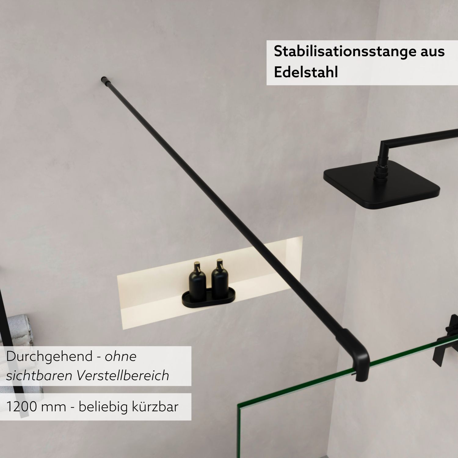 Nahaufnahme Duschabtrennung von oben mit Sicht auf die Stabilisierungsstange in schwarz matt