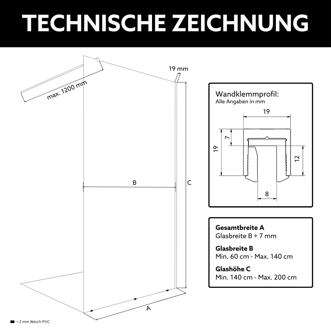 Technische Details zur SOGLAS Walk In Dusche nach Maß