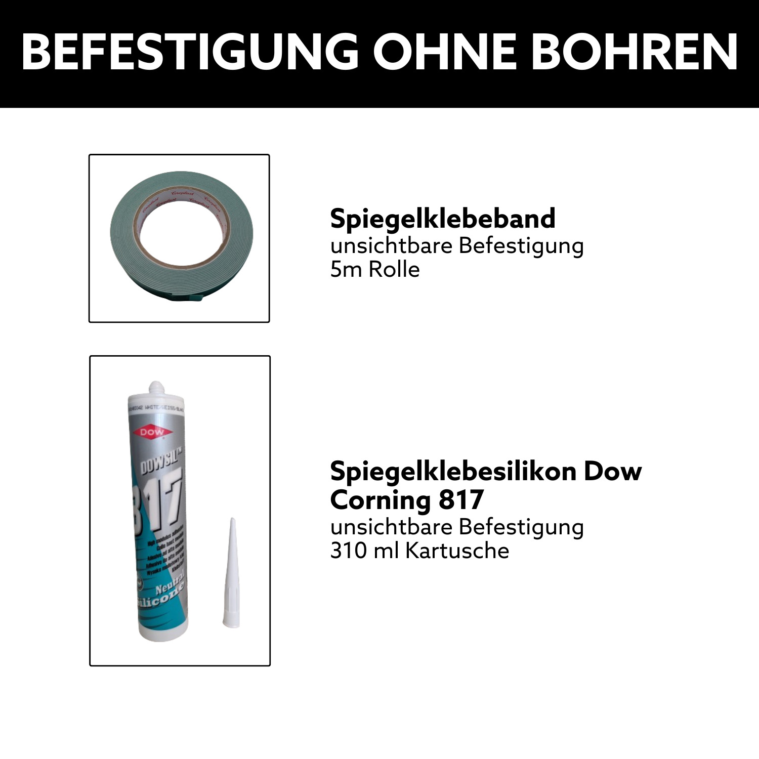 Spiegelbefestigung ohne Bohren mittels Klebeband oder Klebesilikon