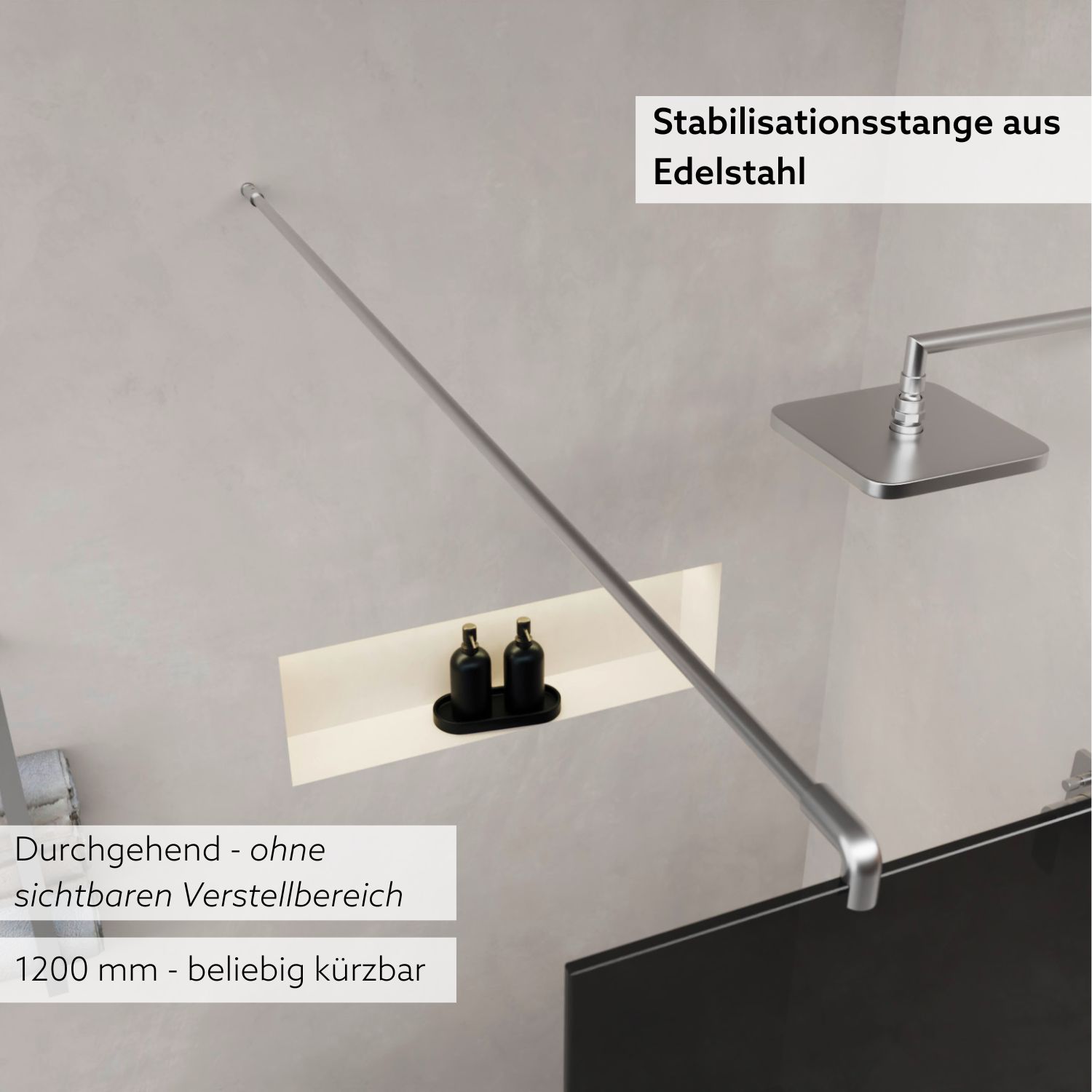 Vogelsicht auf eine Walk In Dusche mit edelstahlfarbener Stabilisationsstange