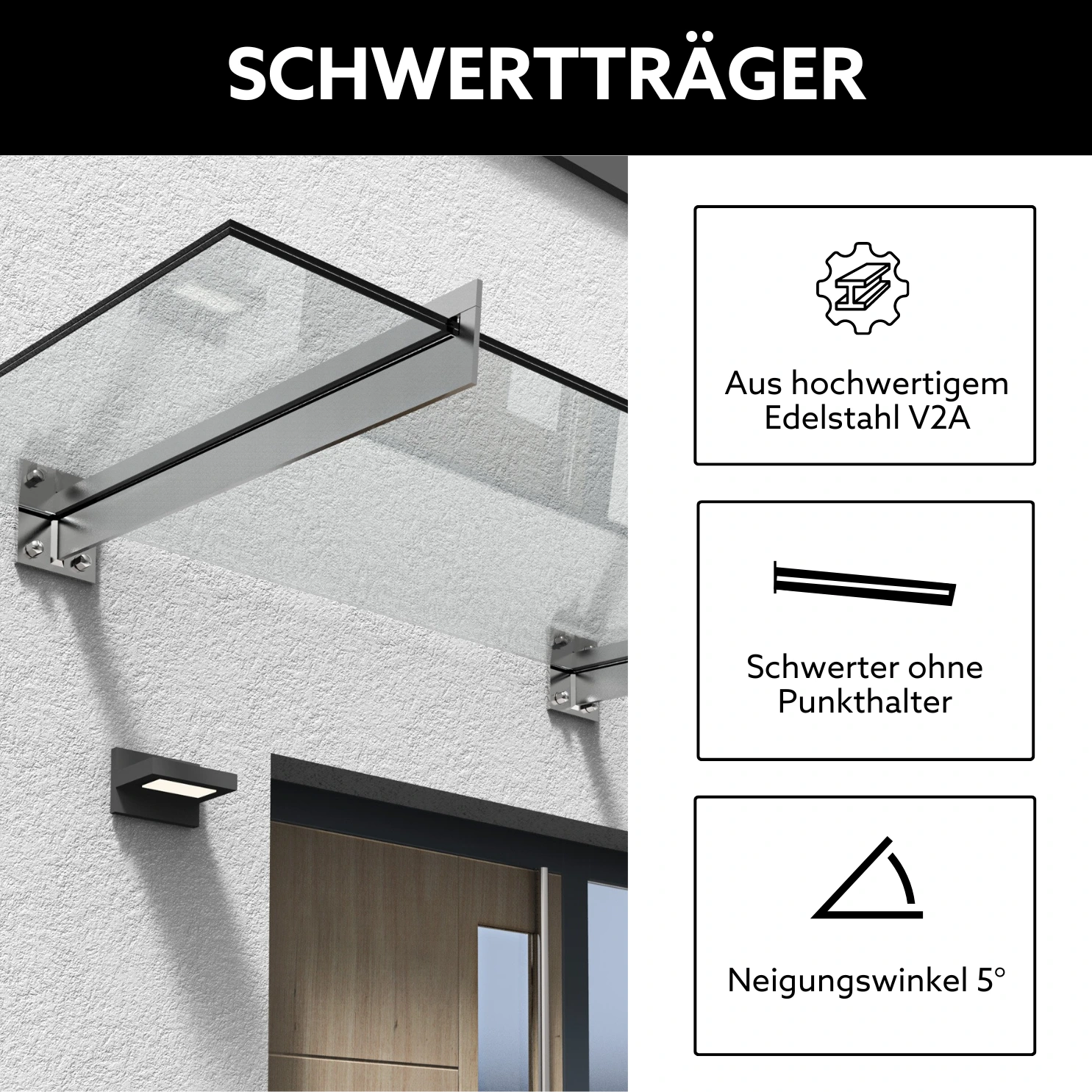 Haustürüberdachung mit Schwertträgern aus Edelstahl