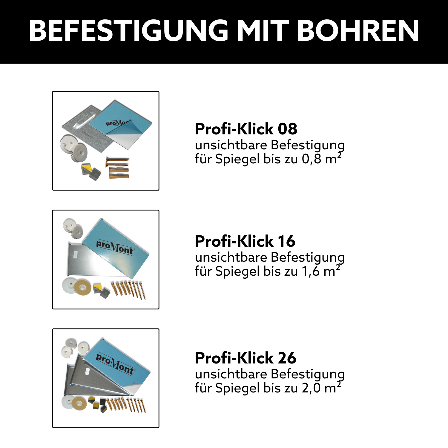 Profi-Klick-Spiegelbefestigung für unterschiedliche Spiegelgrößen