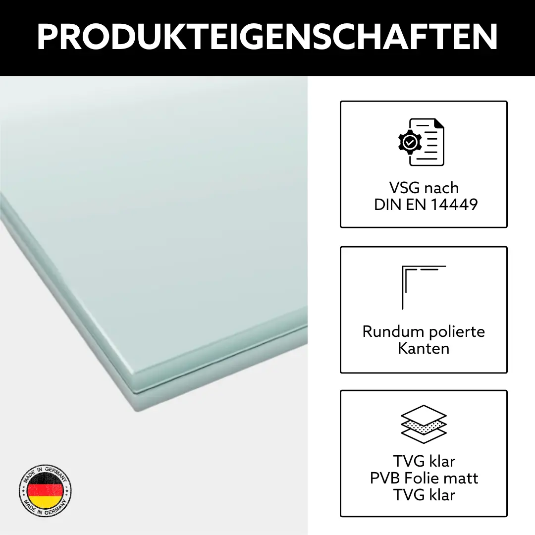 Produkteigenschaften VSG aus TVG Klar mit matter Folie