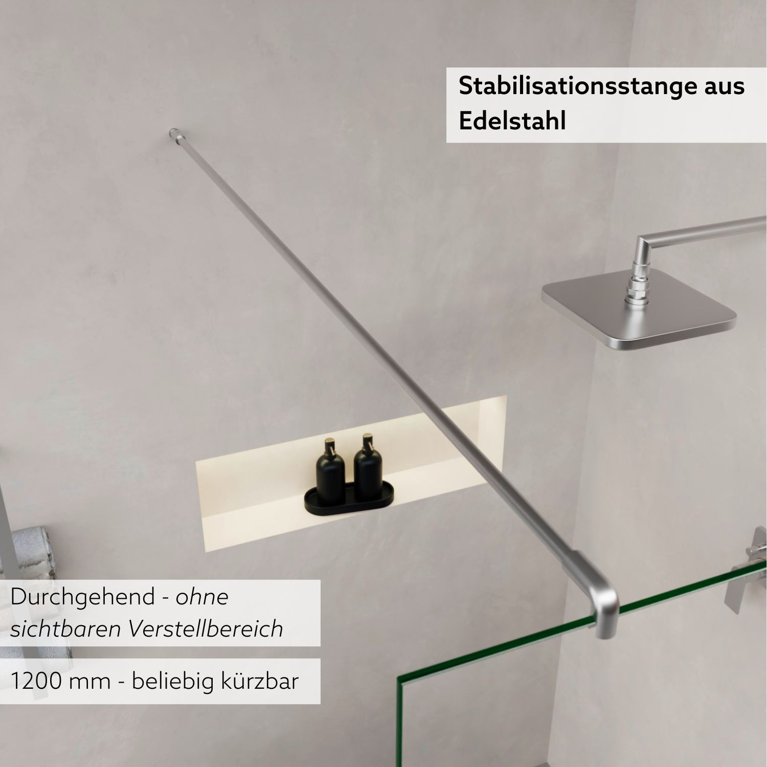 Duschtrennwand aus Klarglas von oben mit silberner Stabiliserungsstange