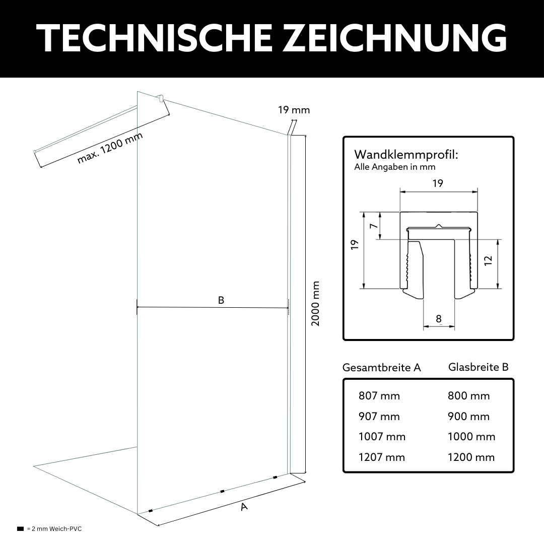 Technische Details zur SOGLAS Walk In Dusche Standardmaße