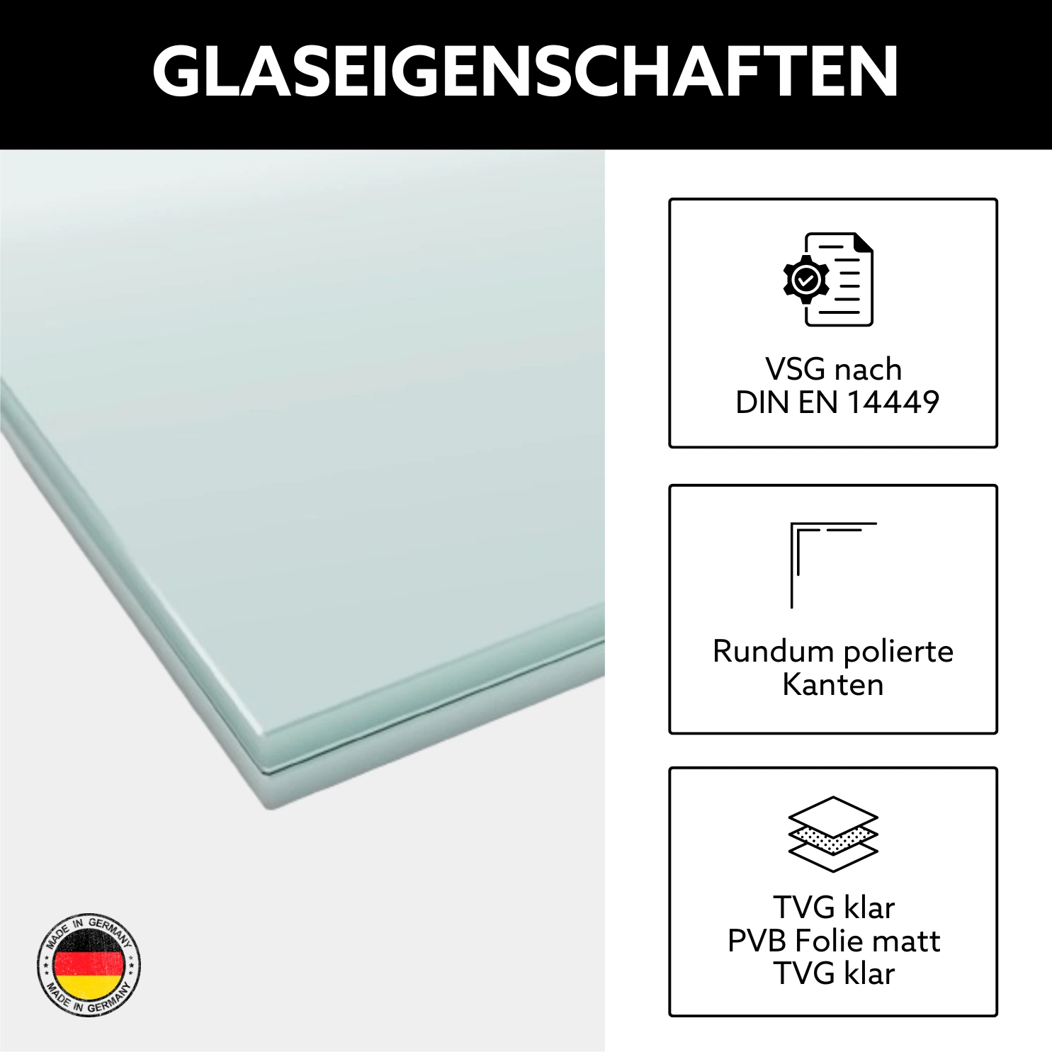 Glaseigenschaften VSG aus TVG mit matter Folie